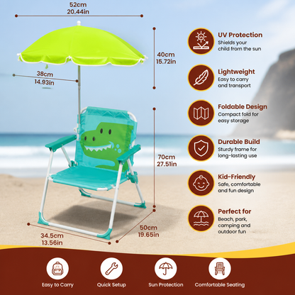 Foldable Kids Beach Chair with Umbrella and Dino Design