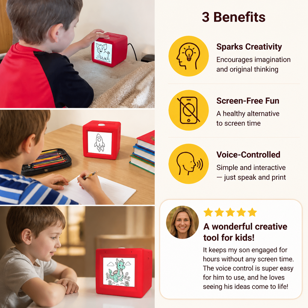 Magic AI Kids Print Box with Voice Control – Portable Creative Drawing & Idea Printer