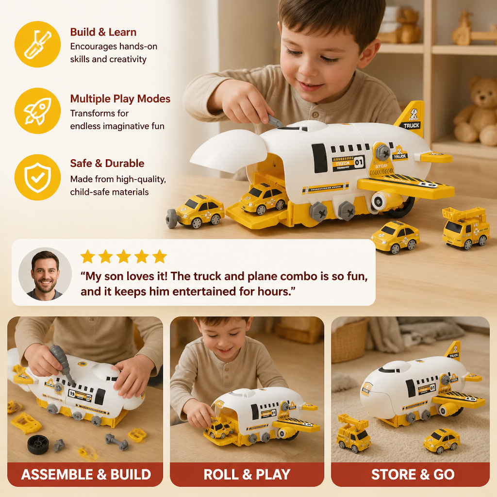 DIY Airplane Transport Truck Playset with Construction Vehicles