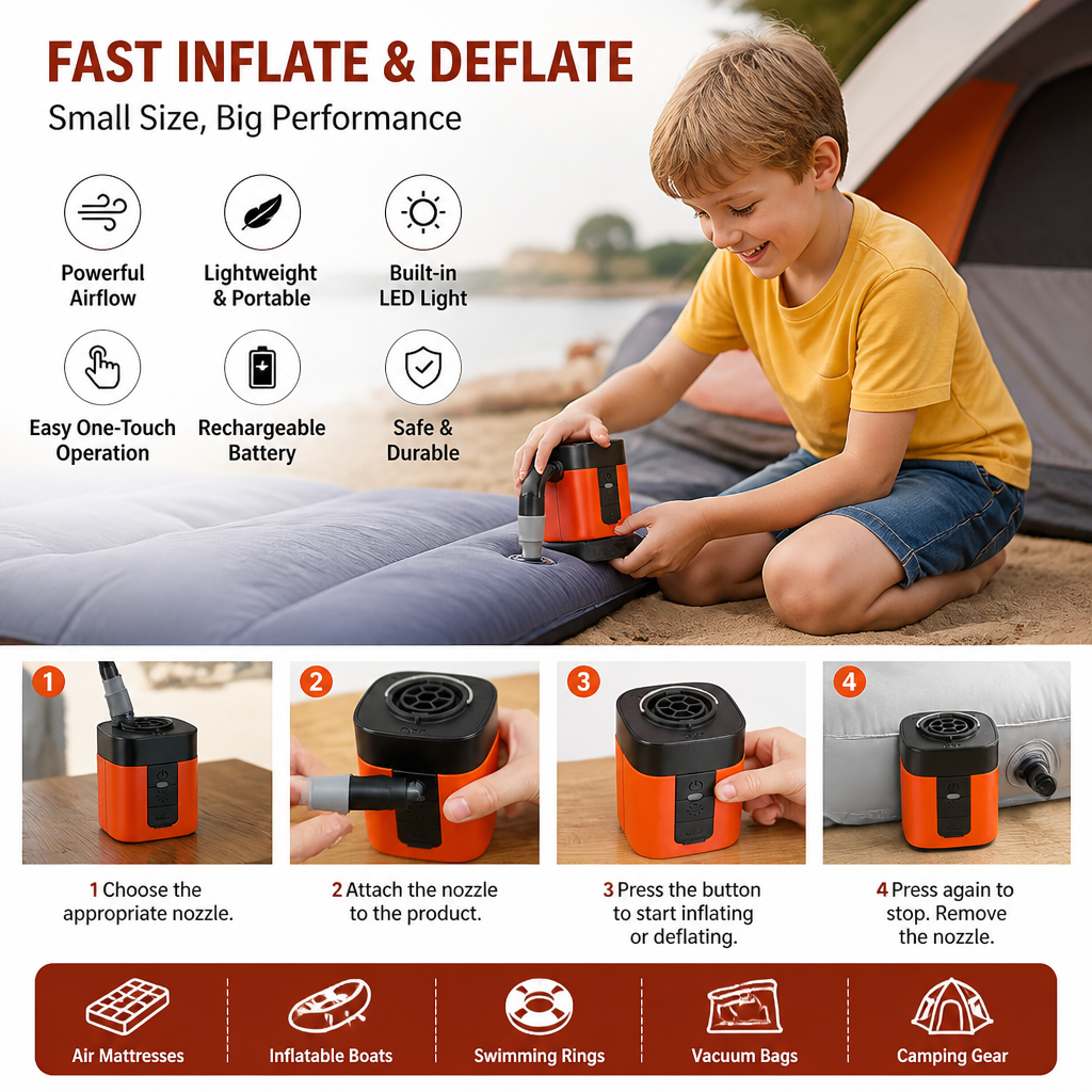 Portable Mini Air Pump with LED Light – Fast Inflate & Deflate