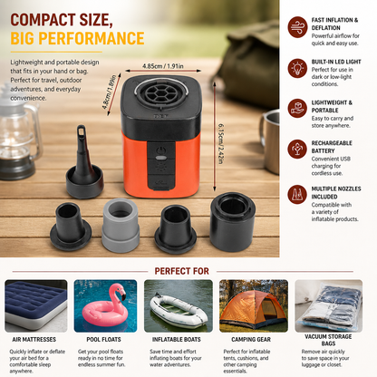 Portable Mini Air Pump with LED Light – Fast Inflate & Deflate