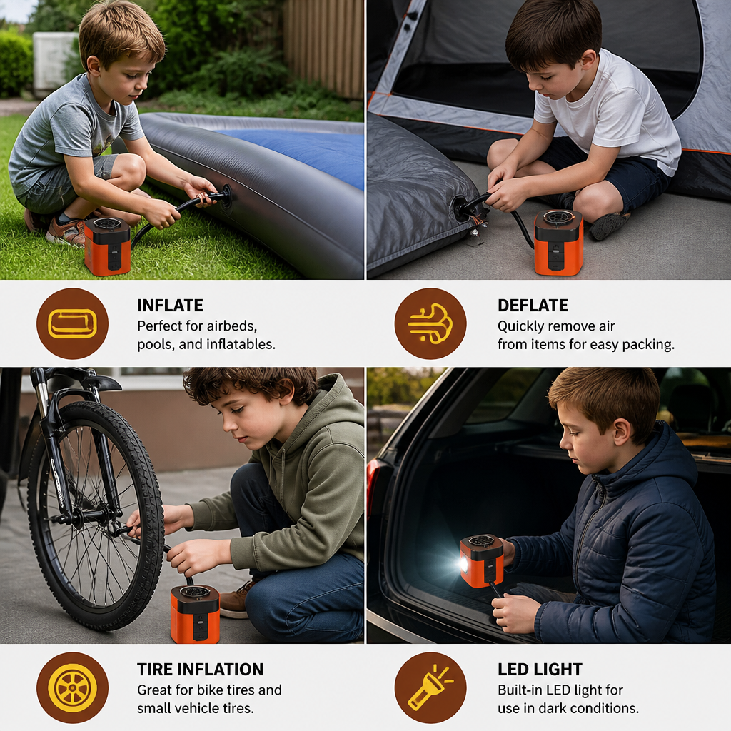 Portable Mini Air Pump with LED Light – Fast Inflate & Deflate