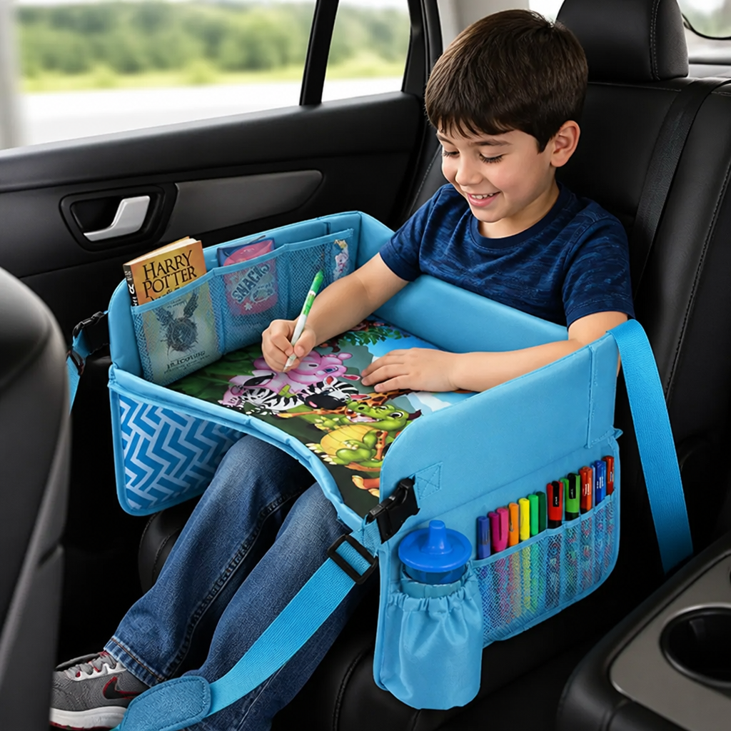 Kids Car Travel Tray with Storage Pockets and Activity Surface