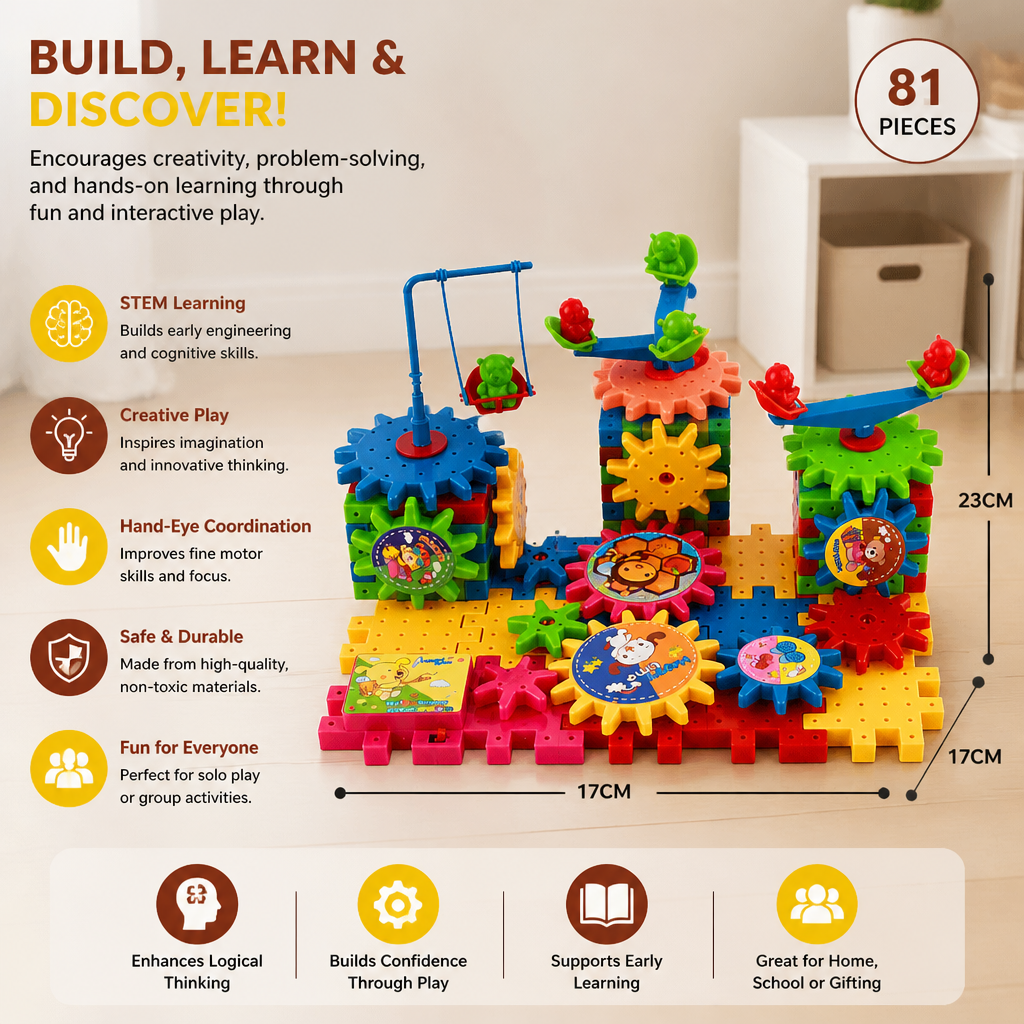 81-Piece STEM Gear Building Set – Interlocking Engineering Blocks for Kids