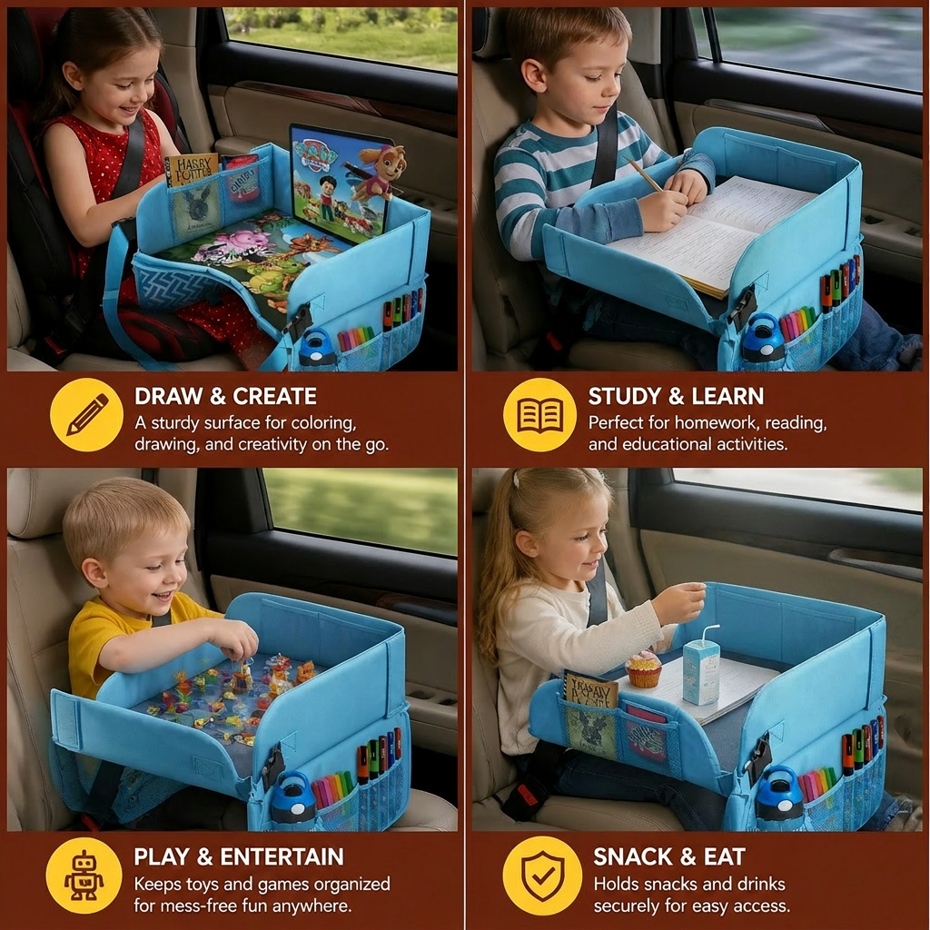 Kids Car Travel Tray with Storage Pockets and Activity Surface