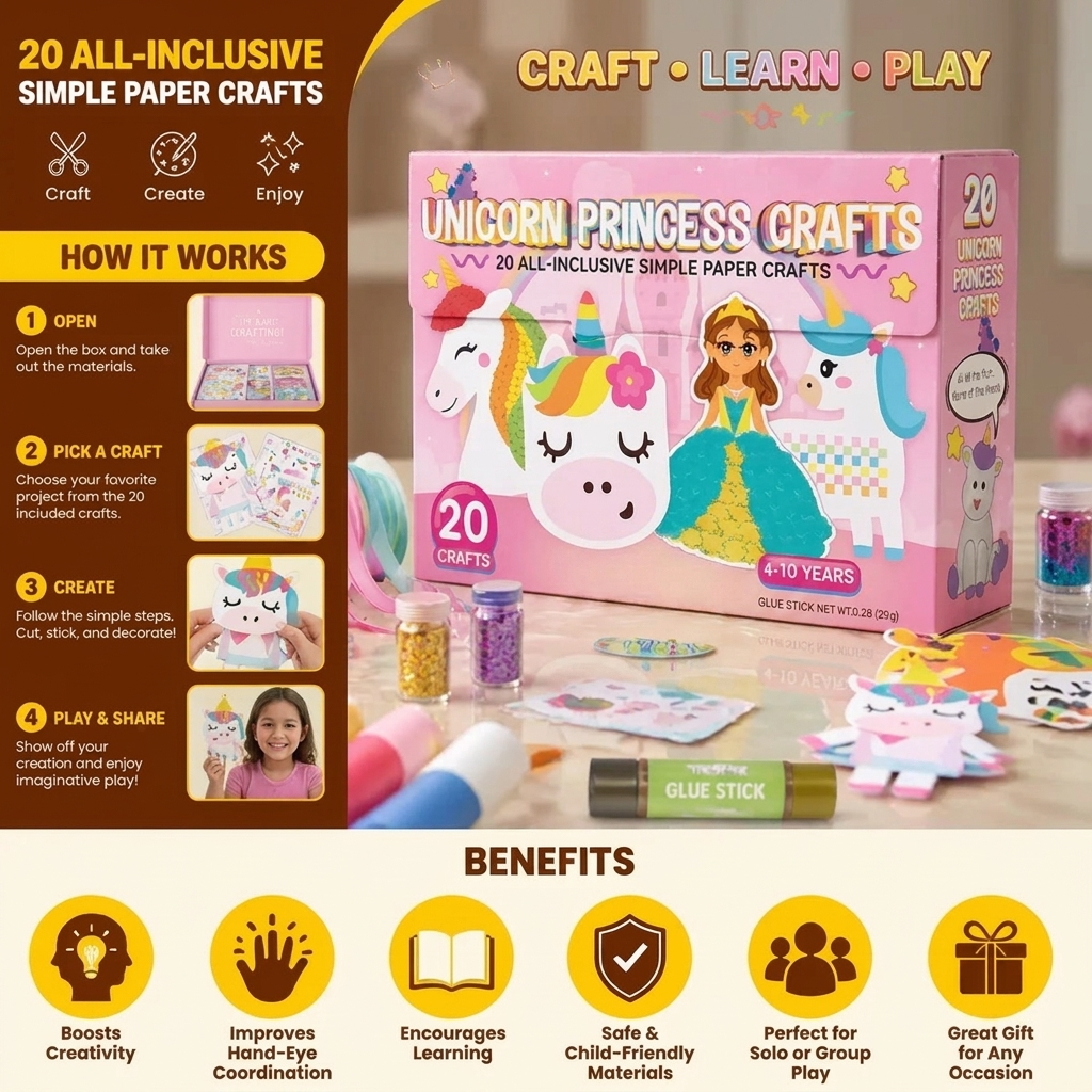 Kids Paper Crafts Box – 20 Easy DIY Arts & Crafts Projects for Ages 3–10 with Glue Stick, Tape & Envelopes