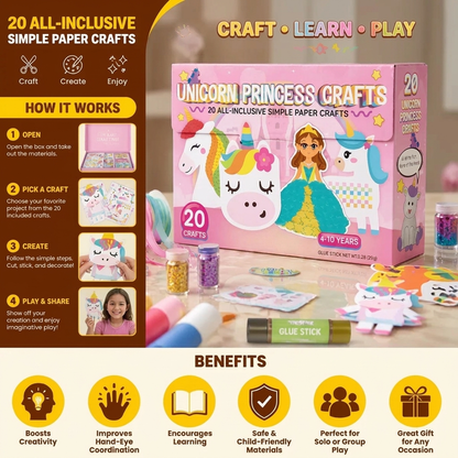 Kids Paper Crafts Box – 20 Easy DIY Arts & Crafts Projects for Ages 3–10 with Glue Stick, Tape & Envelopes