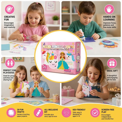 Kids Paper Crafts Box – 20 Easy DIY Arts & Crafts Projects for Ages 3–10 with Glue Stick, Tape & Envelopes
