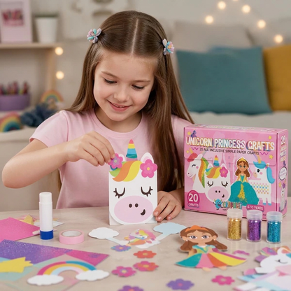 Kids Paper Crafts Box – 20 Easy DIY Arts & Crafts Projects for Ages 3–10 with Glue Stick, Tape & Envelopes