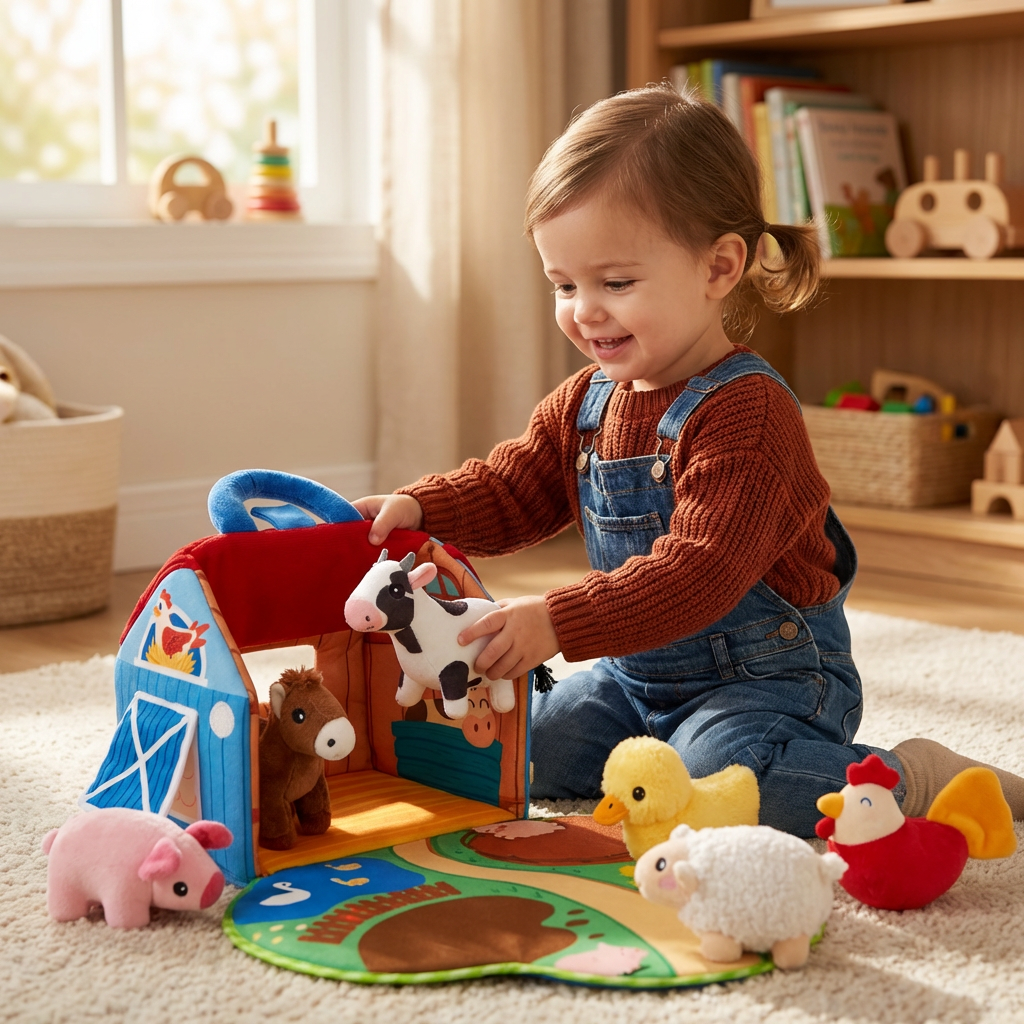 Farm Animal Plush Playset – Interactive Learning Toy with Portable Playhouse