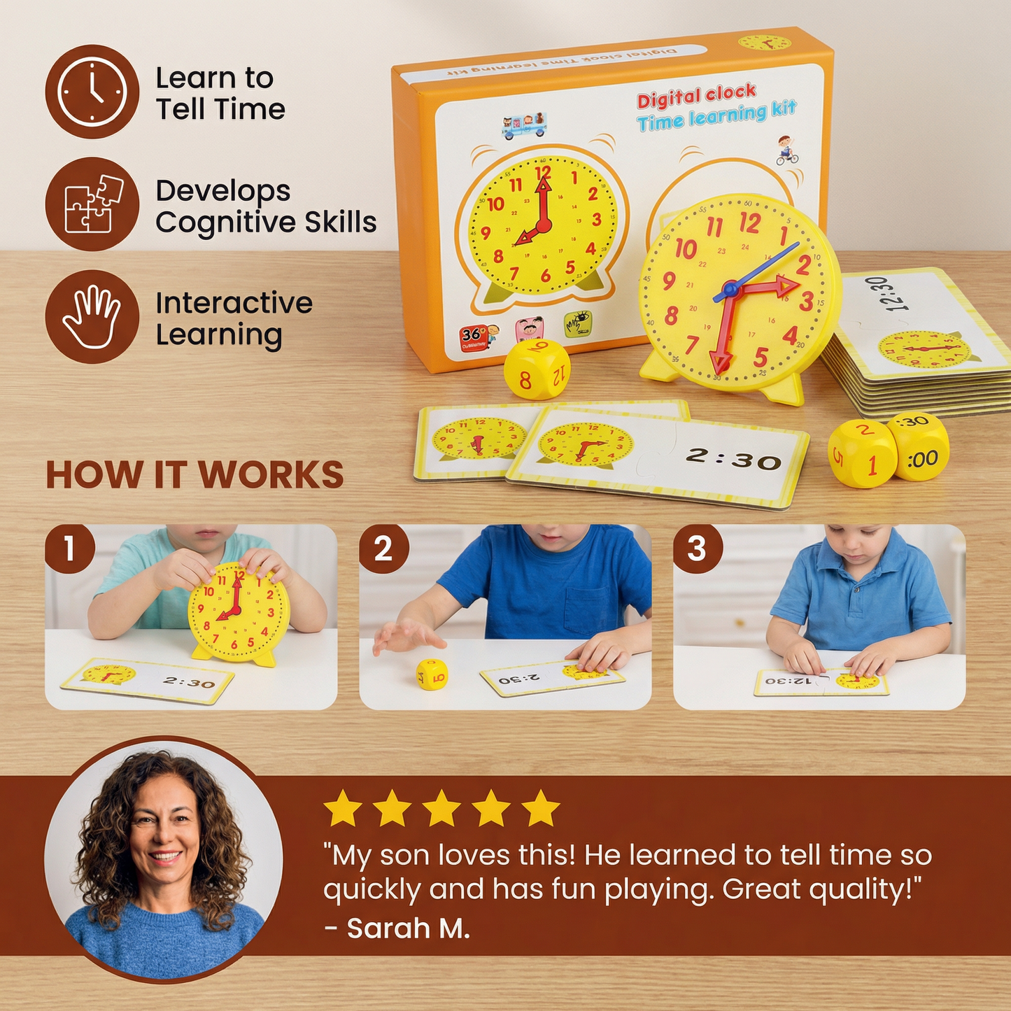 Learning Clock for Kids – Interactive Time Teaching Game with Cards & Dice