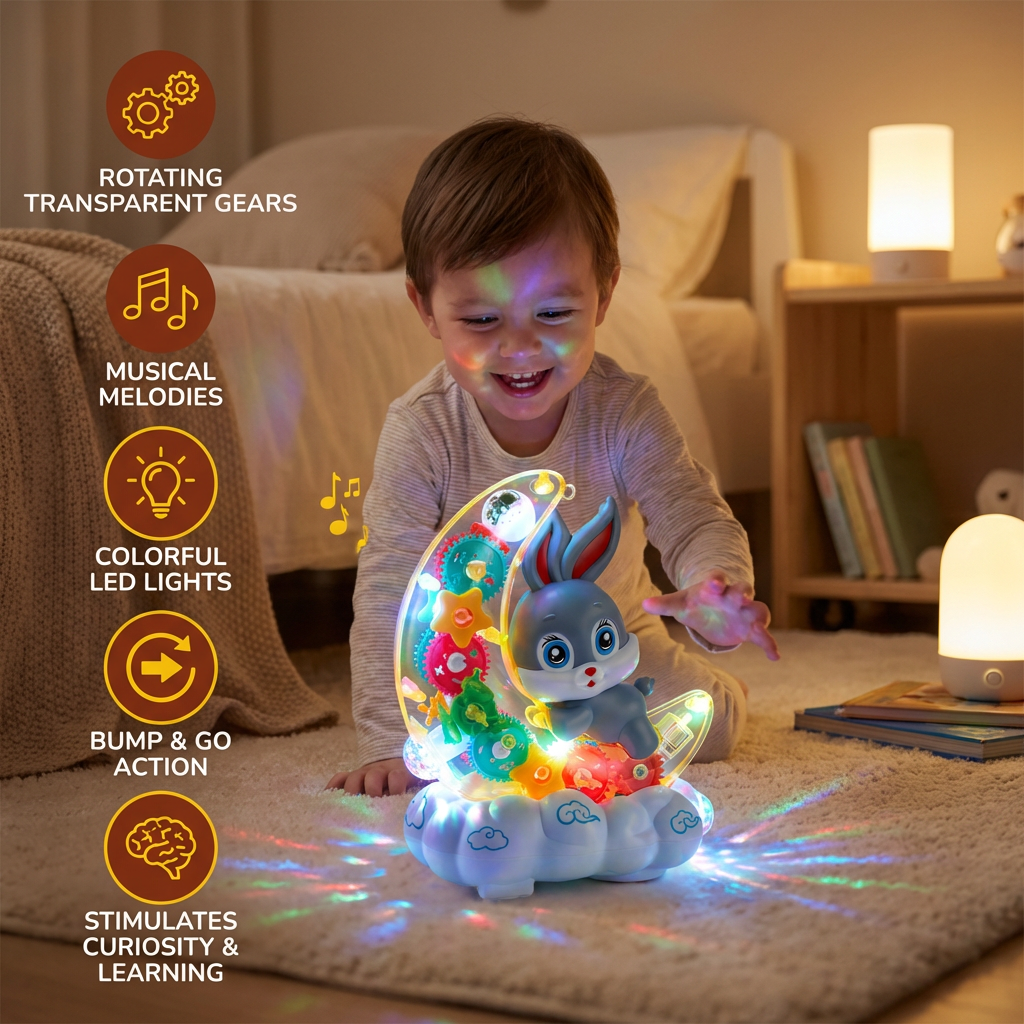 Light-Up Moon Bunny Toy – Transparent Gear Design with Music & LED Lights