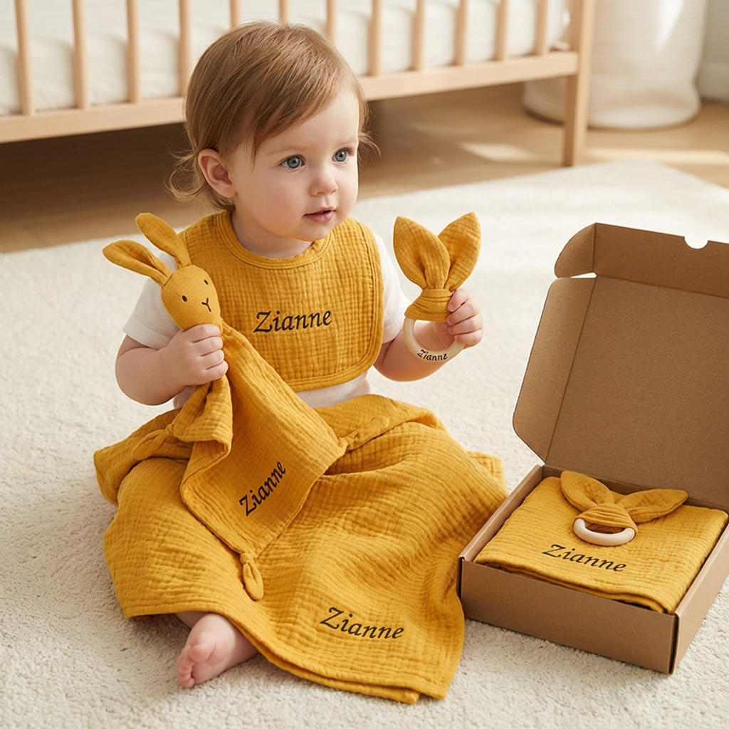 Personalized 4-Piece Newborn Gift Set – Muslin, Teething Ring & Bib (100% Cotton)