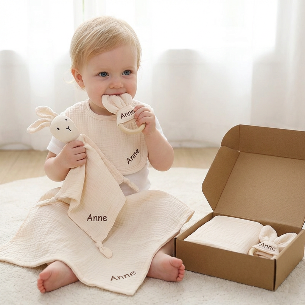 Personalized 4-Piece Newborn Gift Set – Muslin, Teething Ring & Bib (100% Cotton)