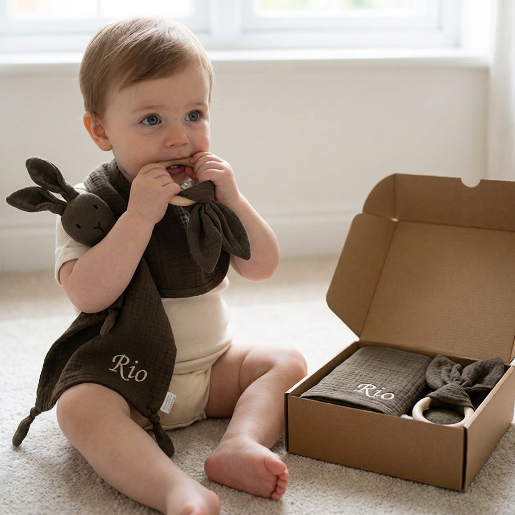 Personalized 4-Piece Newborn Gift Set – Muslin, Teething Ring & Bib (100% Cotton)