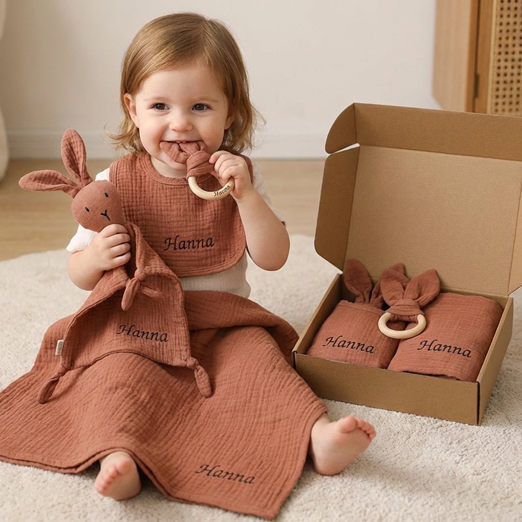 Personalized 4-Piece Newborn Gift Set – Muslin, Teething Ring & Bib (100% Cotton)