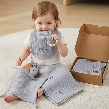 Personalized 4-Piece Newborn Gift Set – Muslin, Teething Ring & Bib (100% Cotton)