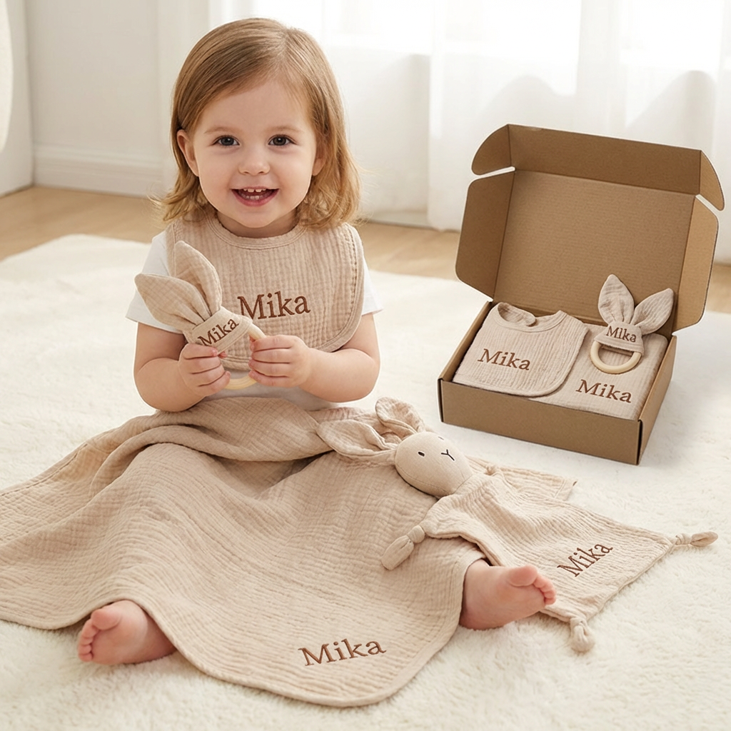 Personalized 4-Piece Newborn Gift Set – Muslin, Teething Ring & Bib (100% Cotton)