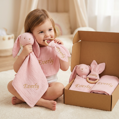 Personalized 4-Piece Newborn Gift Set – Muslin, Teething Ring & Bib (100% Cotton)