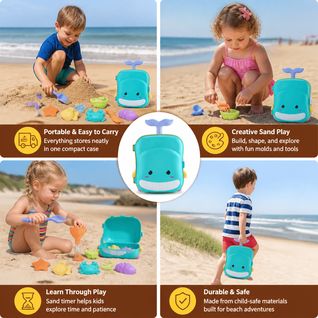 Kids Beach Toy Suitcase with Sand Tools and Hourglass