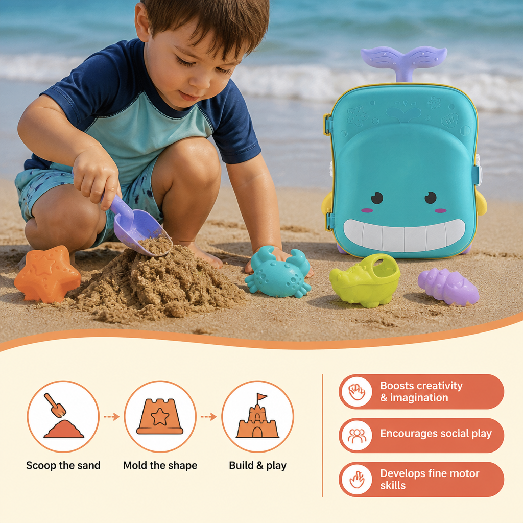 Kids Beach Toy Suitcase with Sand Tools and Hourglass