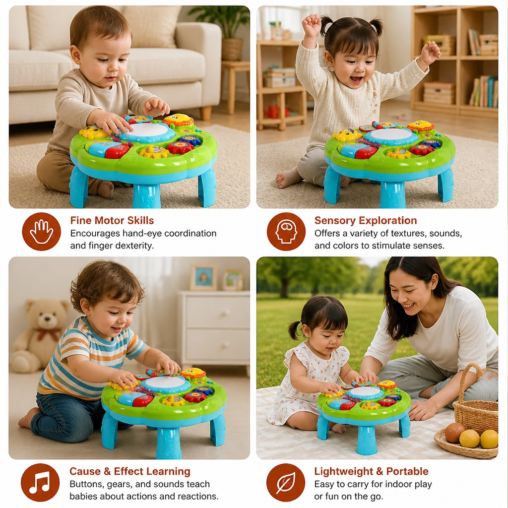 Baby Musical Activity Table Toy with Drum Gears and Animal Sounds