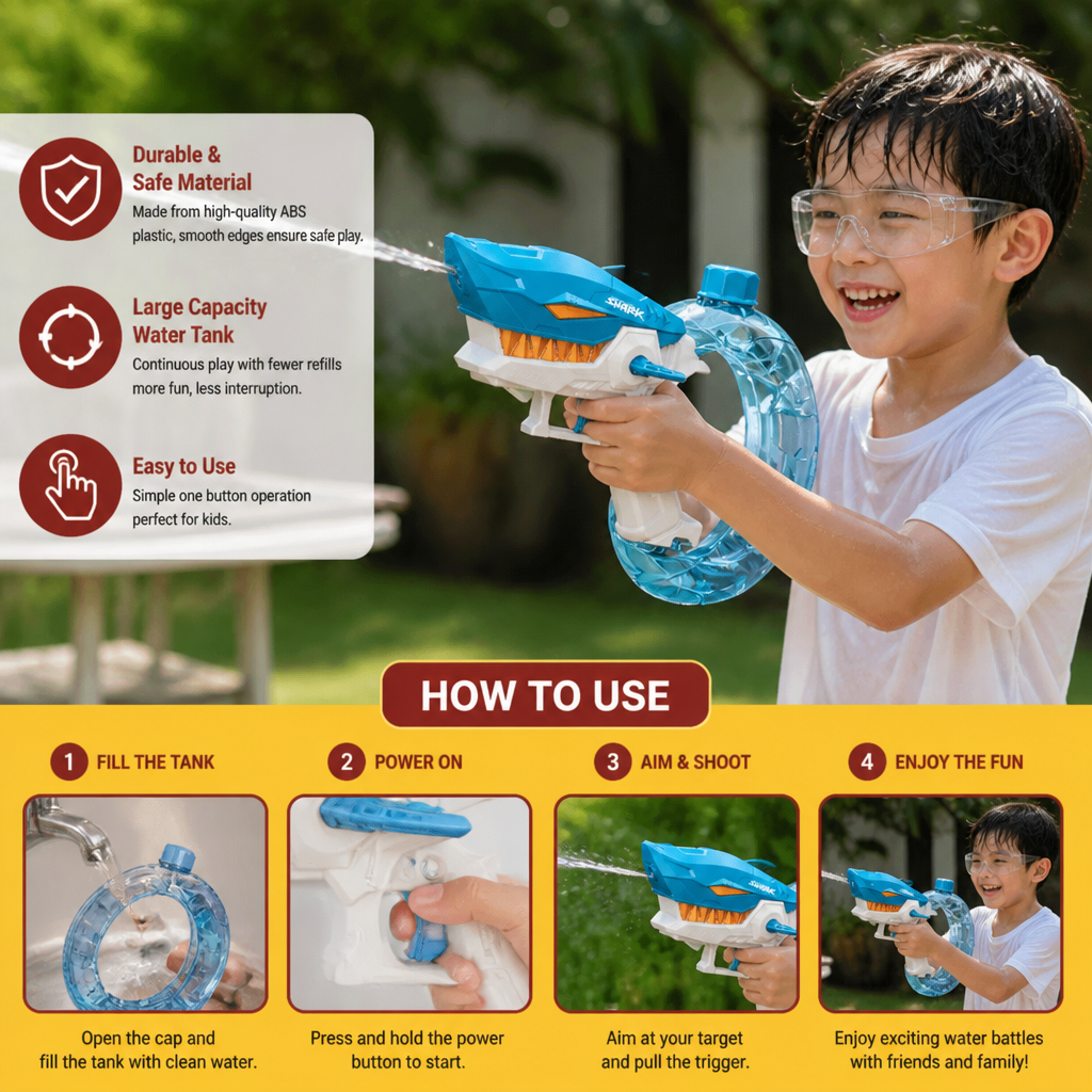 Electric Shark Water Gun for Kids – Fully Automatic Water Blaster for Hot Summer Fun