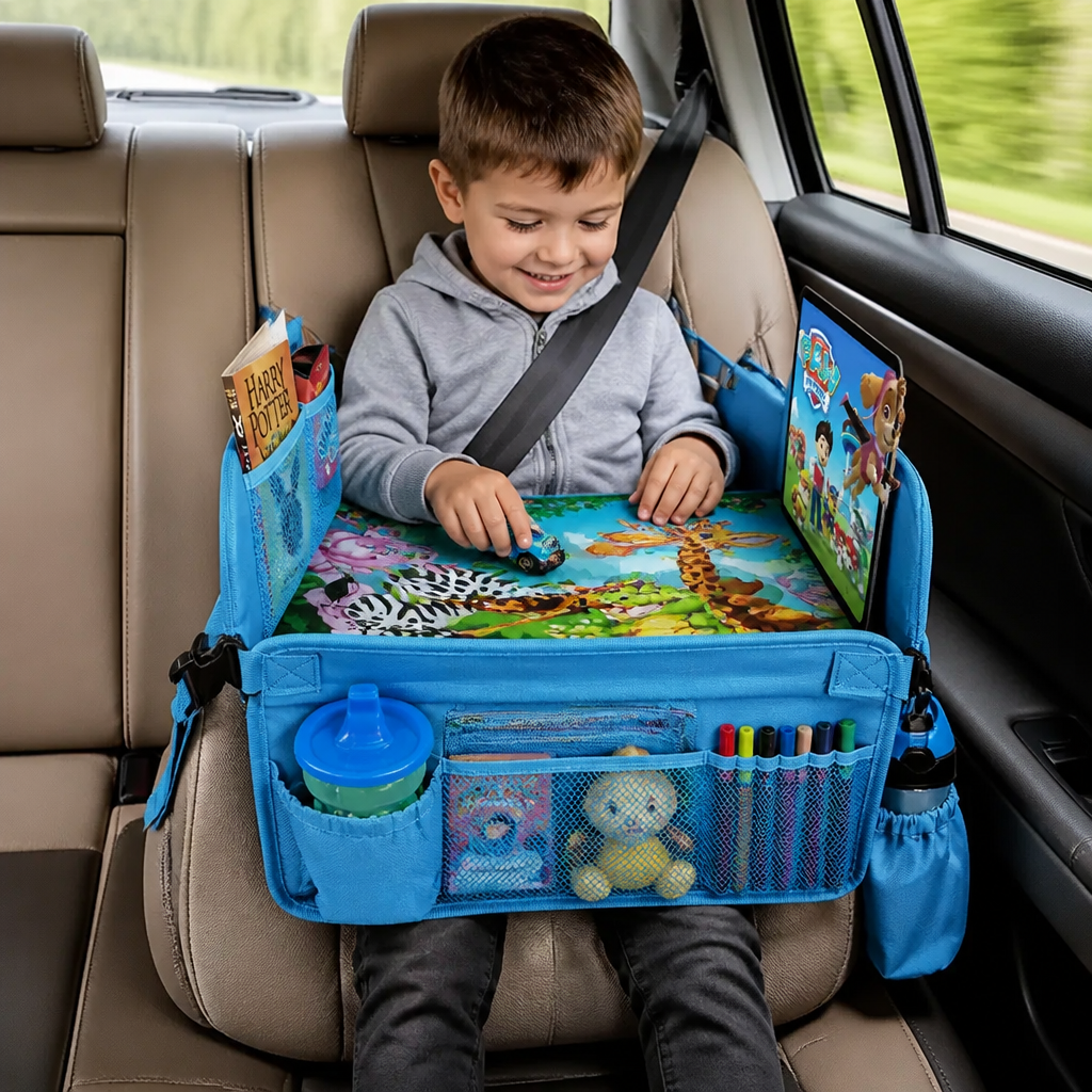 Kids Car Travel Tray with Storage Pockets and Activity Surface