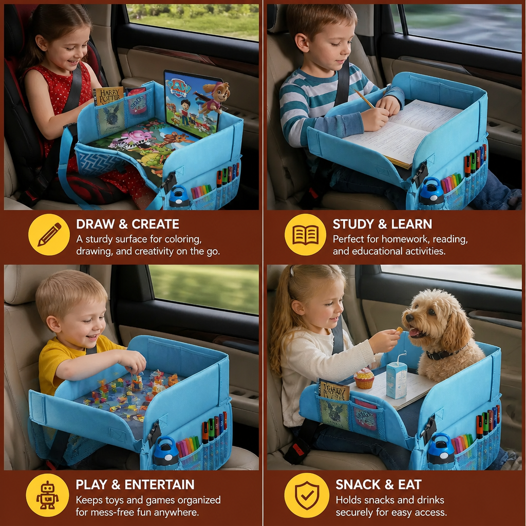 Kids Car Travel Tray with Storage Pockets and Activity Surface