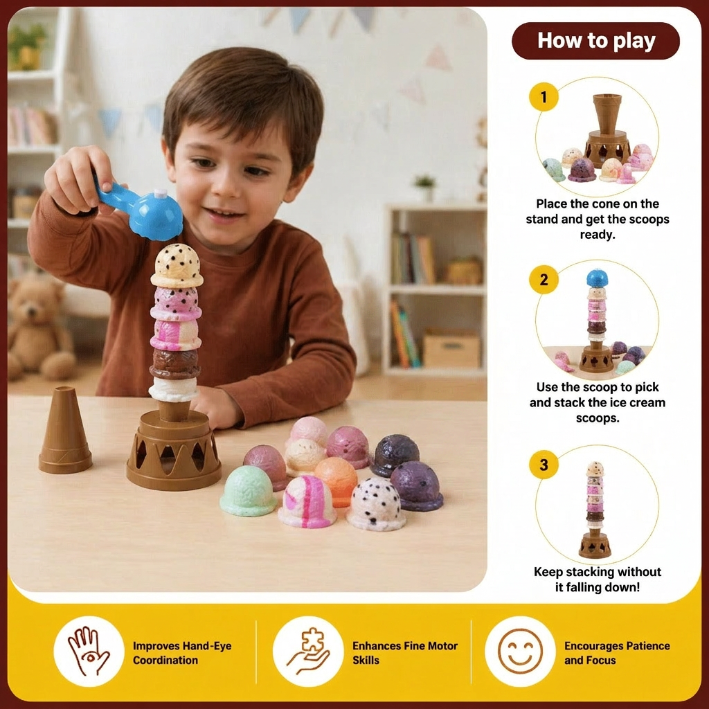 Creative Ice Cream Stacking Game – Fun Balance Game for Kids, Builds Dexterity & Encourages Playful Learning