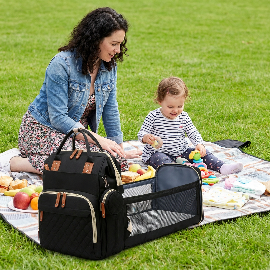 3-in-1 Travel Diaper Backpack with Foldable Baby Bed – Perfect for On-the-Go Parents