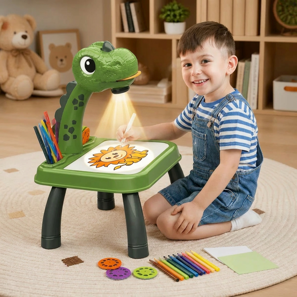 Dinosaur Projection Drawing Table for Kids with Markers and Music
