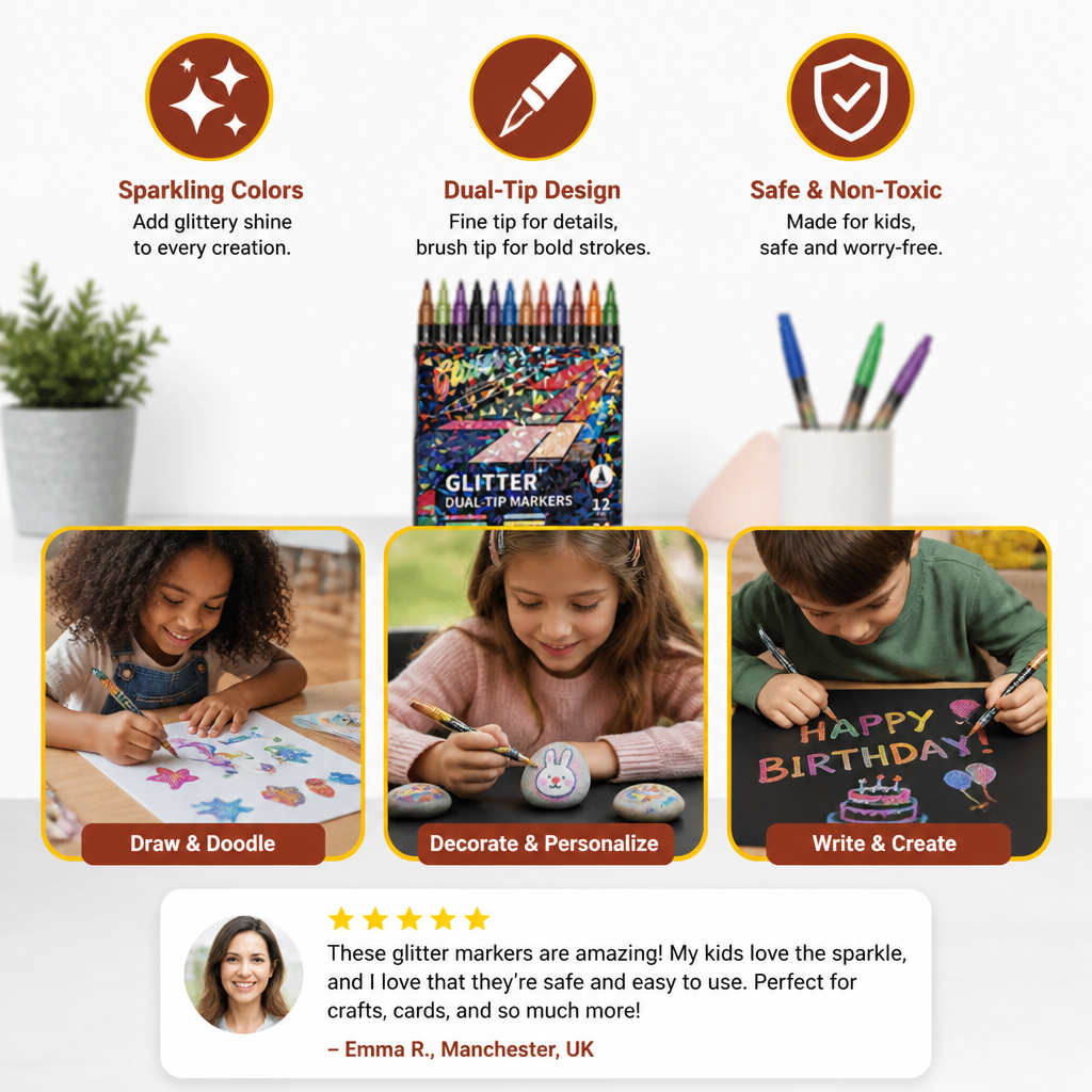 Glitter Brush Marker Set – Dual-Tip Sparkling Art Markers