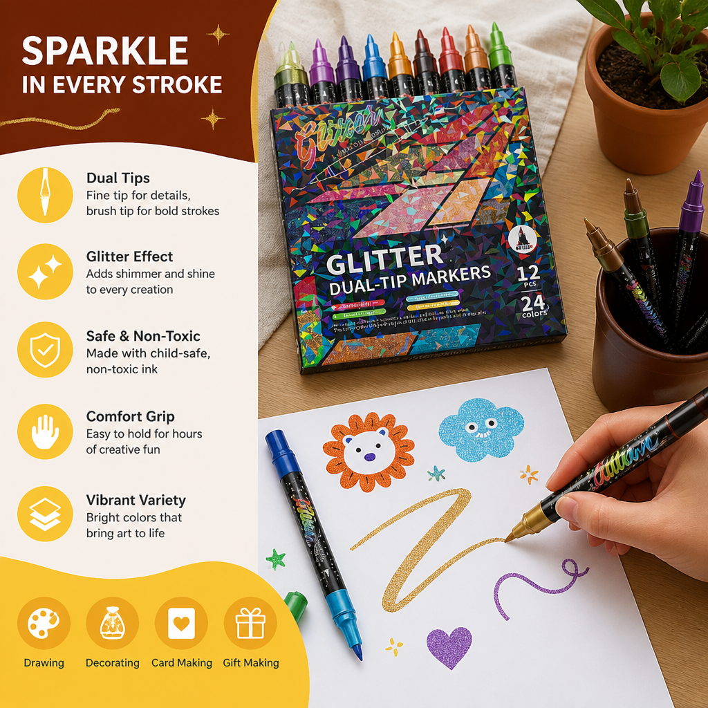 Glitter Brush Marker Set – Dual-Tip Sparkling Art Markers