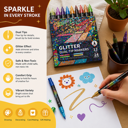 Glitter Brush Marker Set – Dual-Tip Sparkling Art Markers
