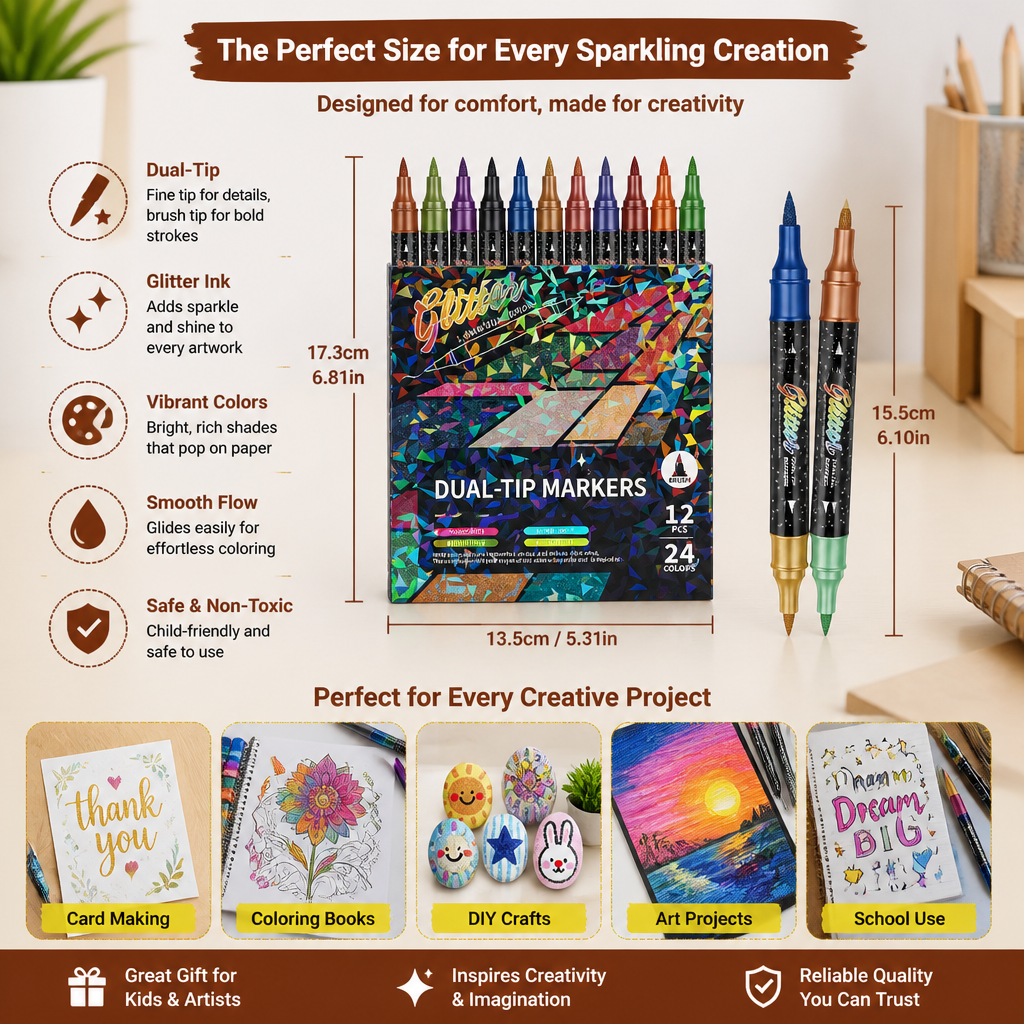 Glitter Brush Marker Set – Dual-Tip Sparkling Art Markers