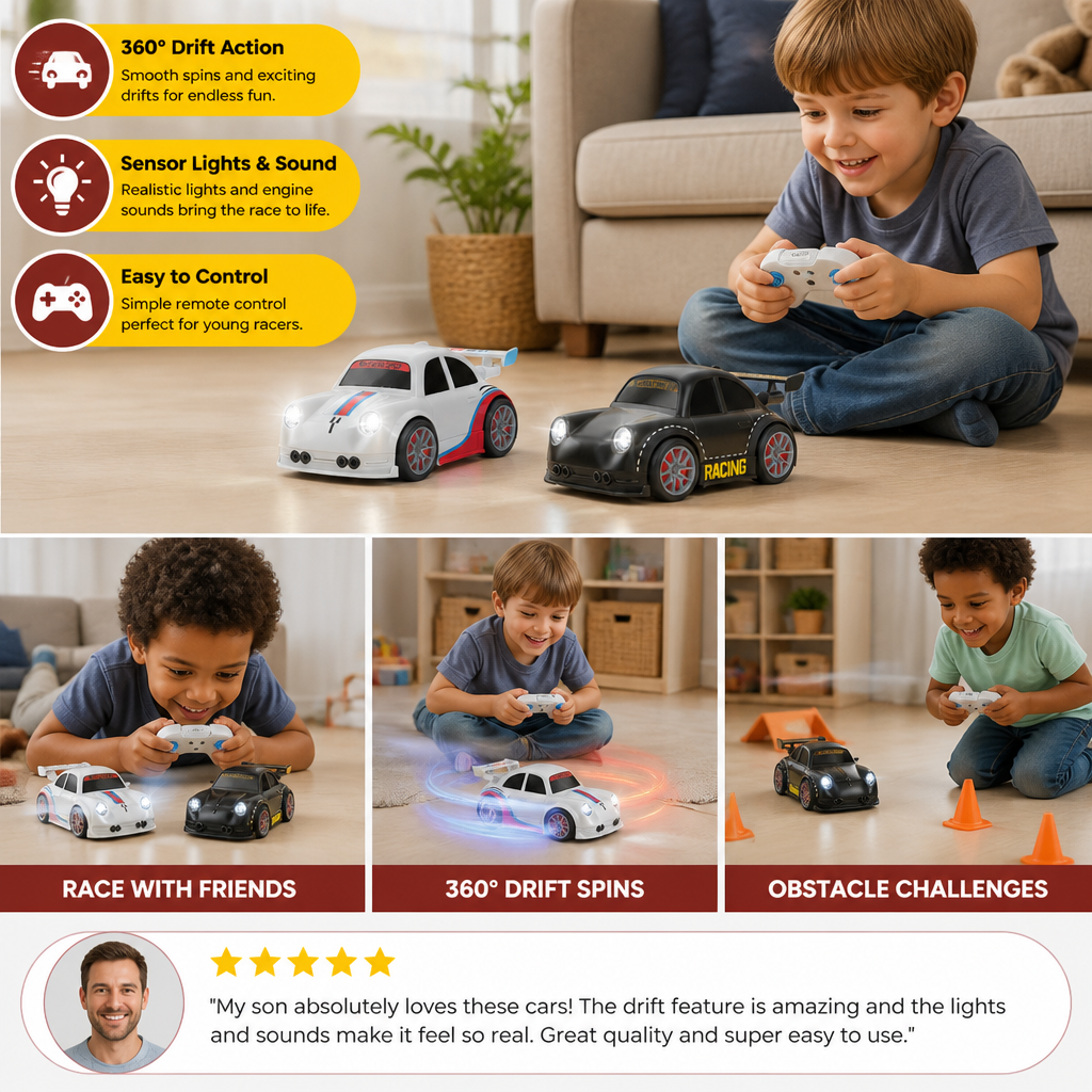 RC Racing Drift Car for Kids - Remote Control with Sensor Lights & Sound