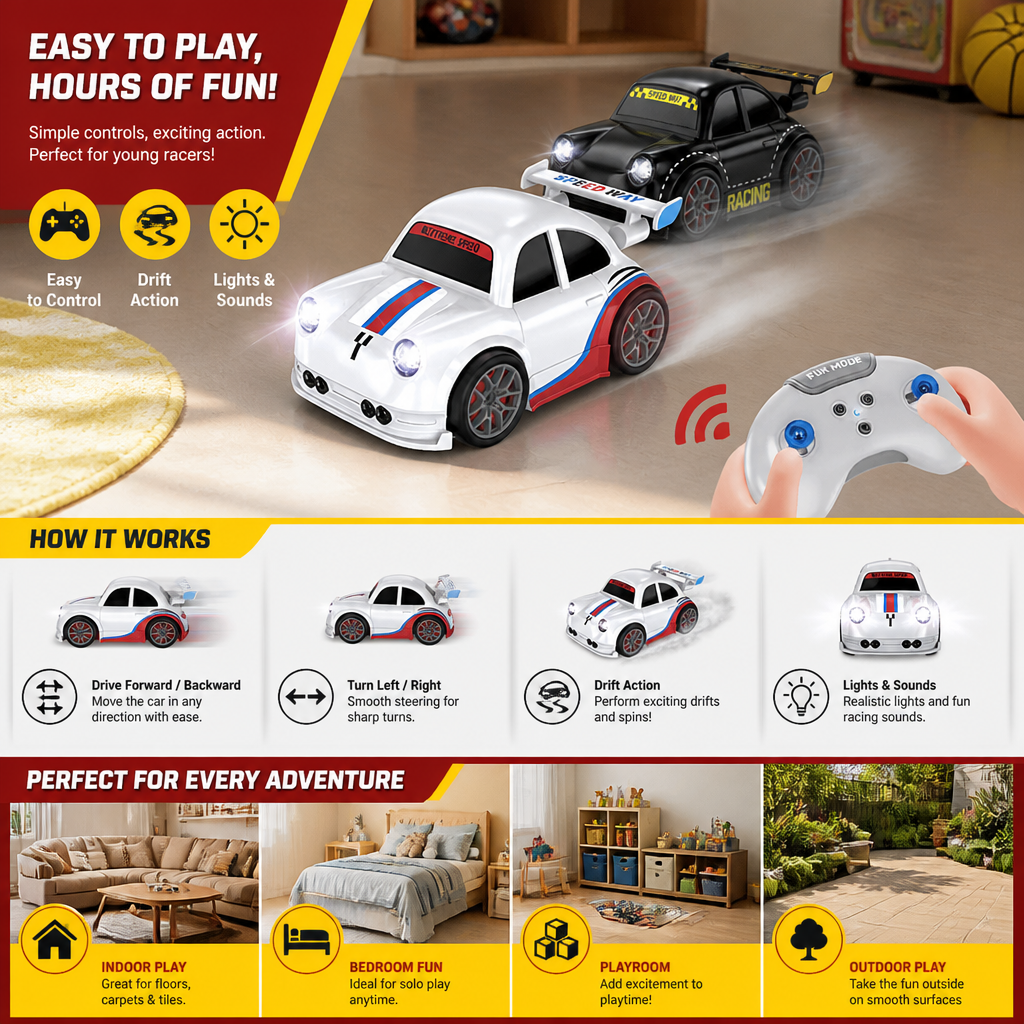 RC Racing Drift Car for Kids - Remote Control with Sensor Lights & Sound