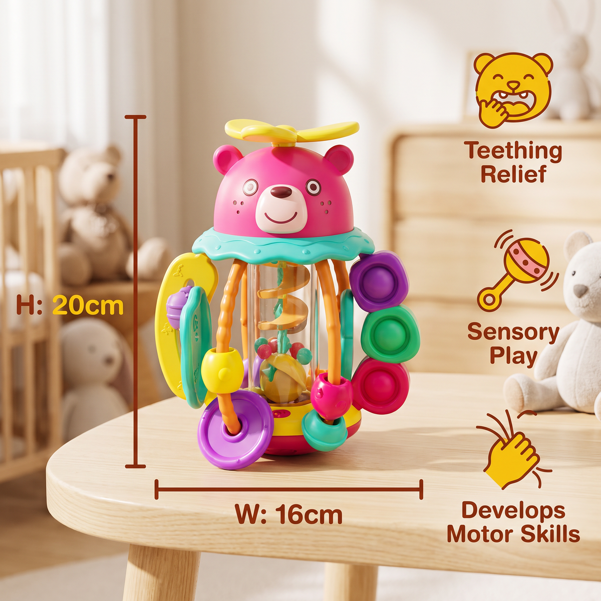 3-in-1 Multisensory Teething Toy with Pull Strings, Rattle & Rain Sounds for Babies