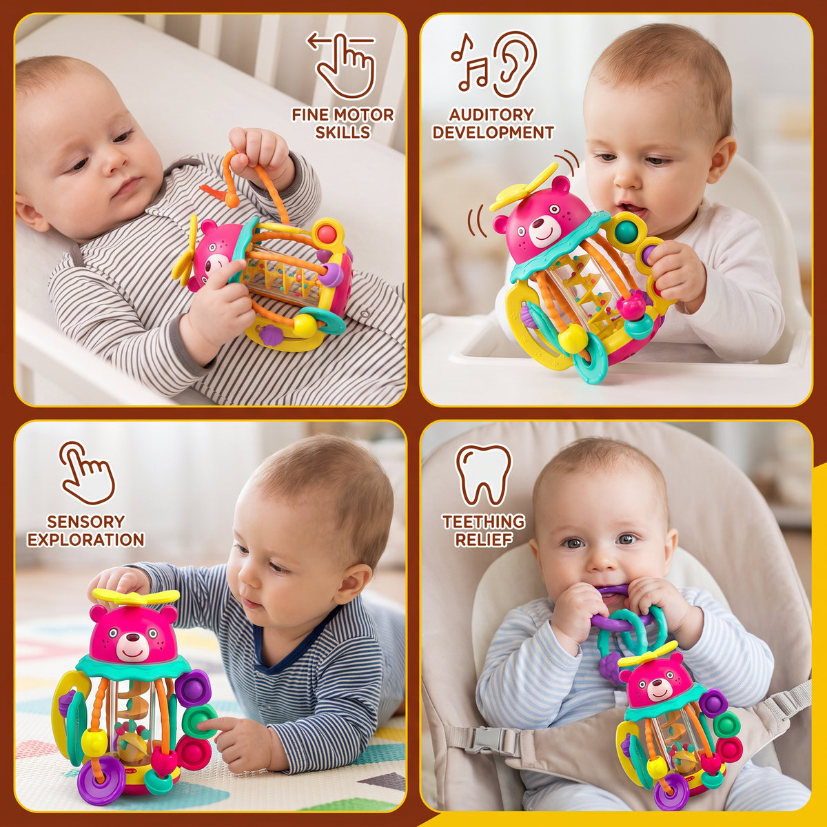 3-in-1 Multisensory Teething Toy with Pull Strings, Rattle & Rain Sounds for Babies