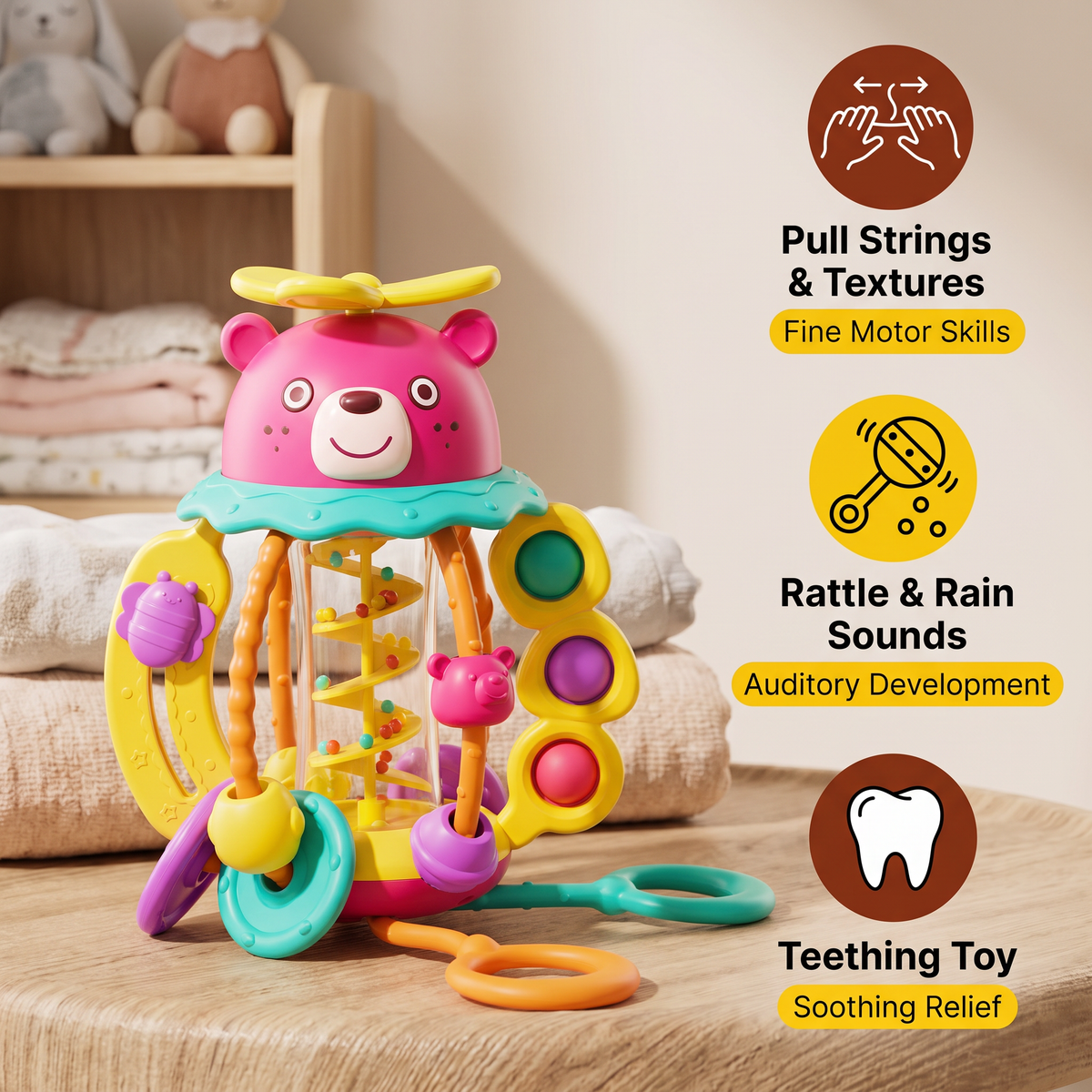 3-in-1 Multisensory Teething Toy with Pull Strings, Rattle & Rain Sounds for Babies