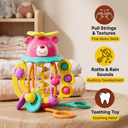 3-in-1 Multisensory Teething Toy with Pull Strings, Rattle & Rain Sounds for Babies