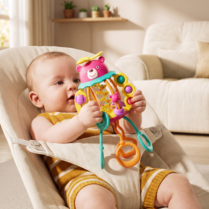 3-in-1 Multisensory Teething Toy with Pull Strings, Rattle & Rain Sounds for Babies