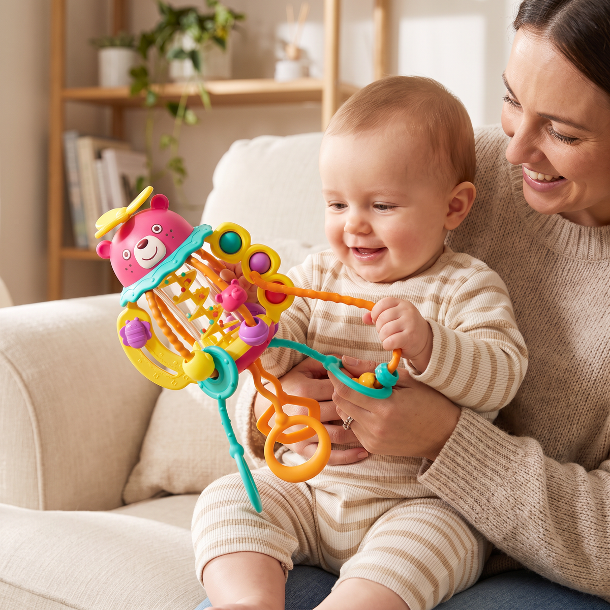 3-in-1 Multisensory Teething Toy with Pull Strings, Rattle & Rain Sounds for Babies
