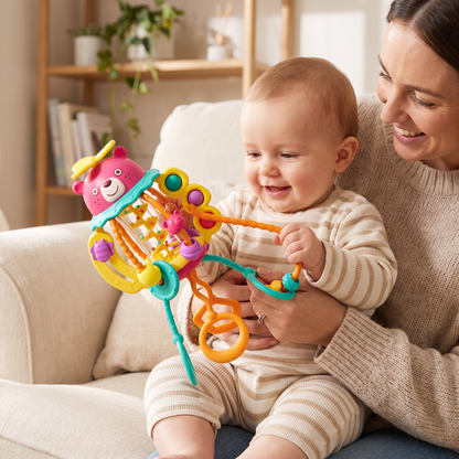 3-in-1 Multisensory Teething Toy with Pull Strings, Rattle & Rain Sounds for Babies