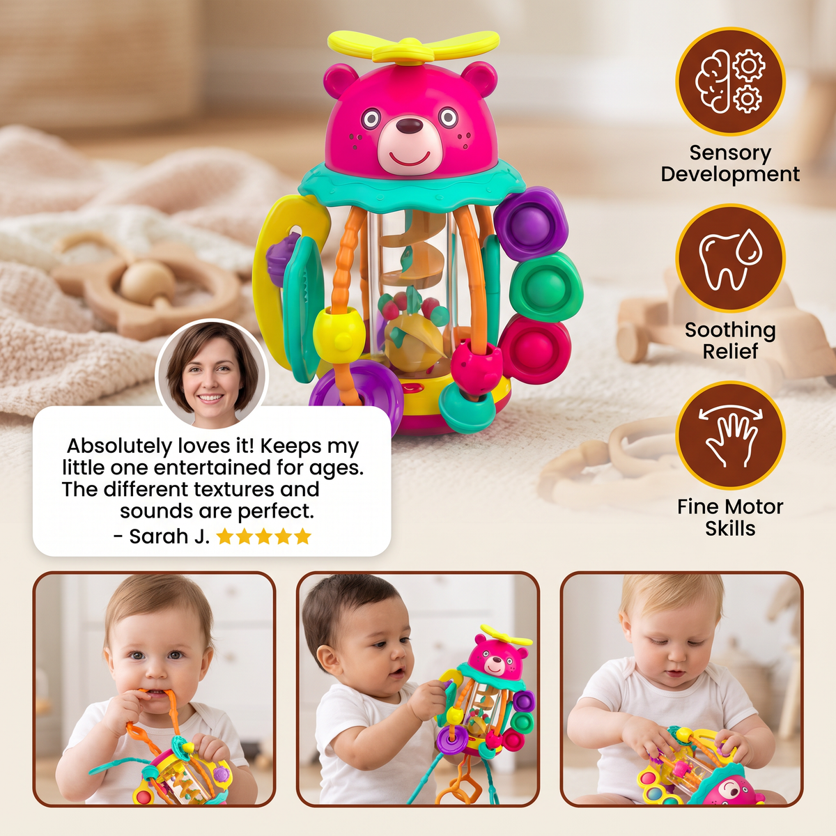 3-in-1 Multisensory Teething Toy with Pull Strings, Rattle & Rain Sounds for Babies