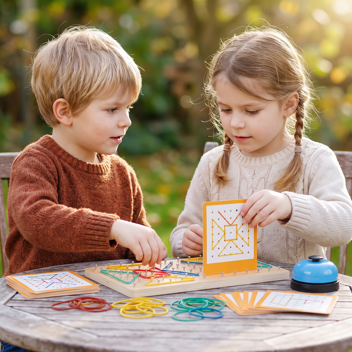 Montessori Wooden Geometry Battle Game with Colorful Rubber Bands