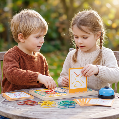 Montessori Wooden Geometry Battle Game with Colorful Rubber Bands