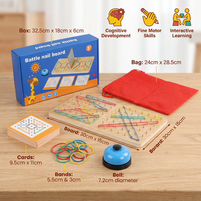 Montessori Wooden Geometry Battle Game with Colorful Rubber Bands