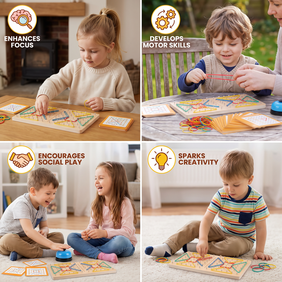 Montessori Wooden Geometry Battle Game with Colorful Rubber Bands